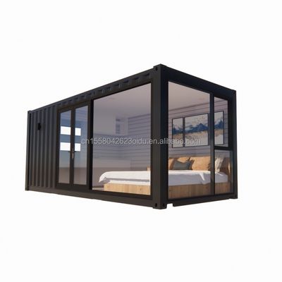Casa de contenedores modular prefabricada de 20 pies con gran cuarto de sol de vidrio de un solo lado y ventanas de aleación de aluminio