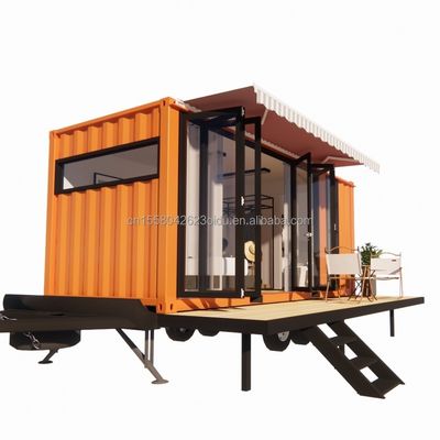 Casa de contenedores de mini móvil moderno con marco de acero de acero galvanizado y ruedas de material de paneles de sándwich