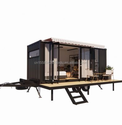 Casa de contenedores de mini móvil moderno con marco de acero de acero galvanizado y ruedas de material de paneles de sándwich