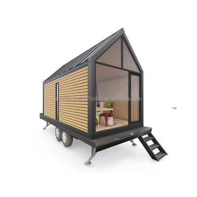 Tubos cuadrados de acero galvanizado Casa de contenedores de madera triangular moderna sobre ruedas para ventas de café al aire libre y estilo de diseño