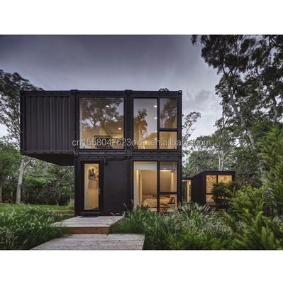 Casa de contenedores prefabricada residencial de 20 pies con pared de vidrio Villa de oficina y montaje de paquete plano de dos pisos