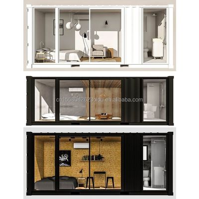 Diseño moderno exterior Contenedor expandible Casa Estructura de madera prefabricada Gran salón de sol de vidrio para familia Hotel de pareja