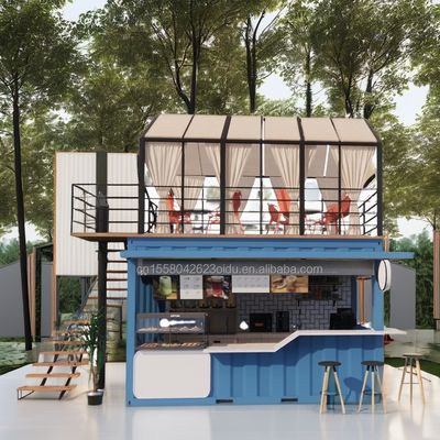 Contenedor de paquete plano de 20 pies de diseño moderno de acero prefabricado para el hogar móvil Bar de café con terraza y aplicación al aire libre
