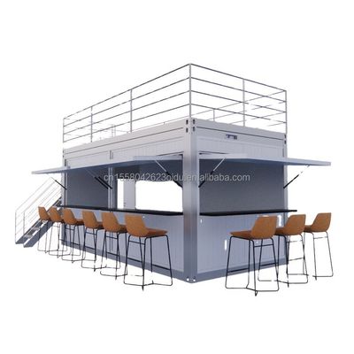 Casa de contenedores prefabricada de dos pisos para el centro comercial estilo Boba 50/75/100mm Panel de sandwich ondulado Pared y terraza de diseño moderno