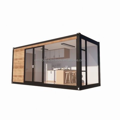 Tubos cuadrados de acero galvanizado Casa de contenedores de diseño moderno con jardín exterior de madera y restaurante independiente