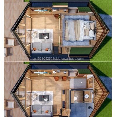 Estándar de la UE 20 pies Prefabricado Casa de contenedores de paquetes planos con acero galvanizado de curvatura 180g Sala triangular en marco de acero