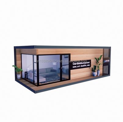 Casa de contenedores Casas prefabricadas de vidrio de madera Sala de sol Casa con tubos cuadrados de acero galvanizado