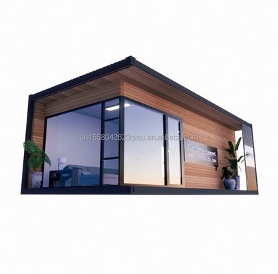 Casa de contenedores Casas prefabricadas de vidrio de madera Sala de sol Casa con tubos cuadrados de acero galvanizado