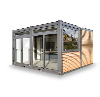 Tienda de contenedores de 20 pies Cuadro de madera de grano de metal Hotel Casa móvil con tubos cuadrados de acero galvanizado y embalaje plano